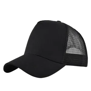 Side view of black mesh trucker hat showing breathable panel and curved brim details