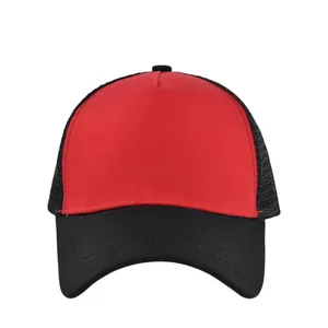 Front view of two-tone trucker hat with red panel and black breathable mesh and brim