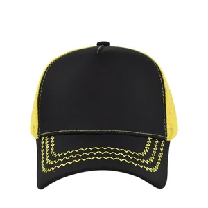 Detail showing breathable yellow mesh and wavy decorative stitching on black mesh cap