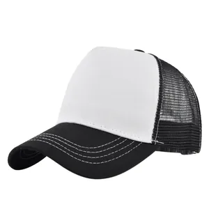 Detail of breathable mesh back and curved brim on black and white trucker cap