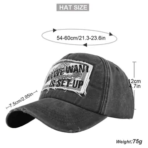 Detailed size chart for distressed baseball cap with embroidery and washed fabric
