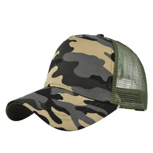 Side view of five-panel jungle camouflage trucker hat with breathable green mesh