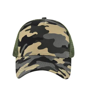 Detailed view of camouflage print mesh trucker hat with breathable green net back