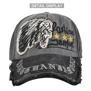 Macro shot of Indian chief patch and embroidery on vintage washed baseball cap