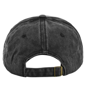 Detail of adjustable metal buckle and distressed fabric on back of vintage baseball cap