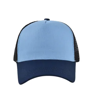 Detail of five-panel mesh trucker hat with blue front panel and breathable back