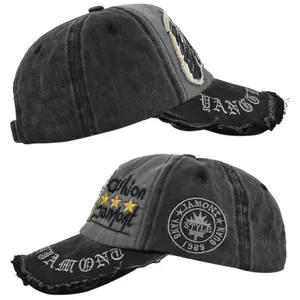 Detailed side view of washed vintage cotton baseball cap with embroidered star and patches