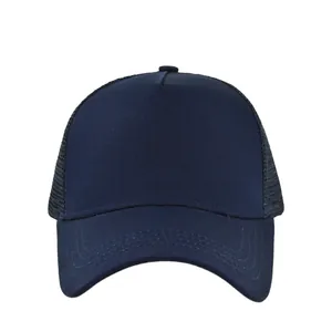 Detail of navy blue trucker hat mesh fabric and reinforced stitching on curved brim