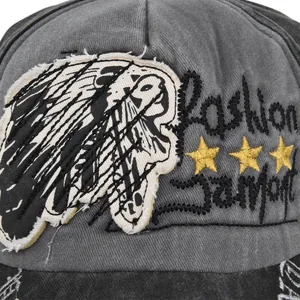 Vintage gray baseball cap with Indian patch embroidery and 3D fashion lettering details