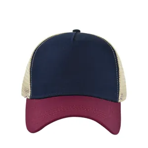 Detail of five-panel trucker hat with navy front, burgundy brim, and beige mesh