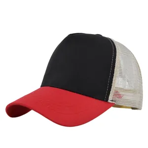 Detail view of breathable mesh back and red brim on the tricolor trucker baseball cap
