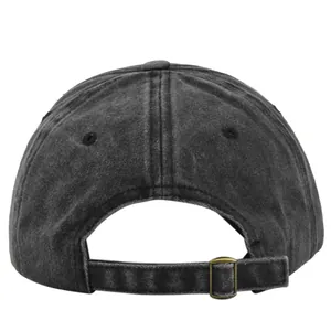 Detailed back view of vintage washed dark gray baseball cap with metal adjustable buckle