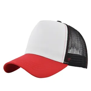 Detail view of the breathable mesh back and red brim of the tri-color trucker hat