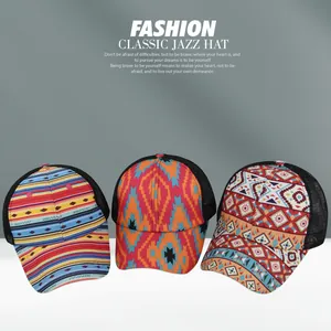 Front view of three ponytail mesh baseball caps featuring bohemian geometric patterns