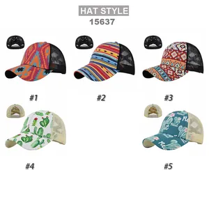 Five assorted pattern mesh ponytail caps with adjustable back opening and trucker hat style