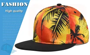 Detail of tropical sunset palm tree print on a vibrant mesh baseball cap