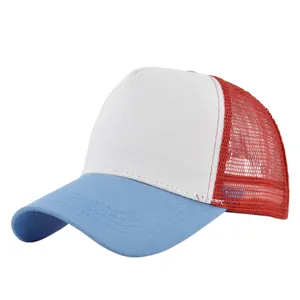 Detail of a 5-panel mesh trucker hat in blue, white, and red with reinforced stitching