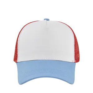 Detailed close-up of breathable three-color mesh trucker hat with curved brim and stitches