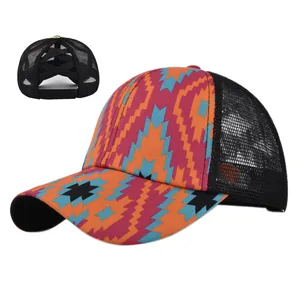 Patterned mesh ponytail sun hat with crisscross elastic bands and geometric ethnic print