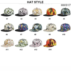 Collection of floral print baseball caps with 3D embroidery and tropical palm leaf patterns