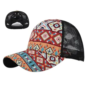 Detail of bohemian printed mesh sun hat with elastic criss-cross ponytail opening