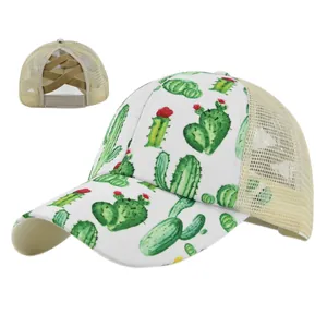 Detail of cross-elastic bands on cactus print mesh hat for high ponytails and buns
