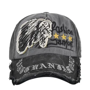 Vintage distressed baseball cap with Native American patch embroidery and washed finish