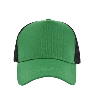 Detailed front view of green and black breathable mesh trucker hat with curved brim