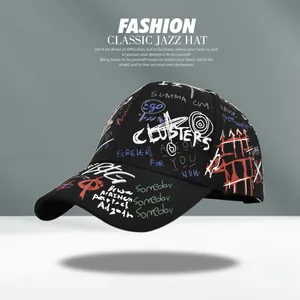 Detailed close-up showing vibrant graffiti embroidery on a black street style baseball cap