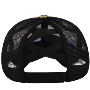 Detail of cross elastic bands on black mesh ponytail hat for high buns and messy hair