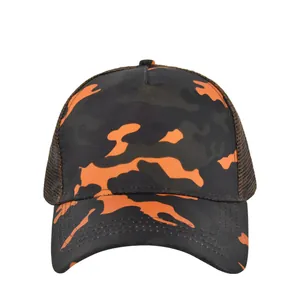 Detail of five-panel camo trucker hat featuring orange mesh and breathable back