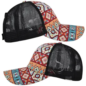 Detail of bohemian patterned sun hat with breathable black mesh and adjustable snapback