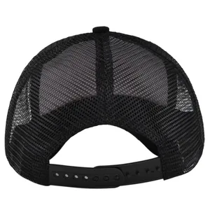 Detailed back view of a black trucker hat showing breathable mesh and snapback closure
