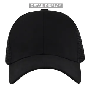 Détail du dos en maille respirante et des coutures soignées sur une casquette noire unie
