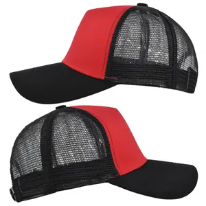 Side profile of red and black trucker hat featuring breathable mesh and curved brim