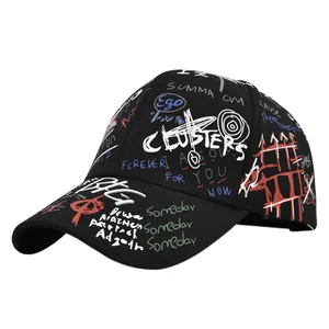 Black graffiti baseball cap with colorful street style printing and curved visor