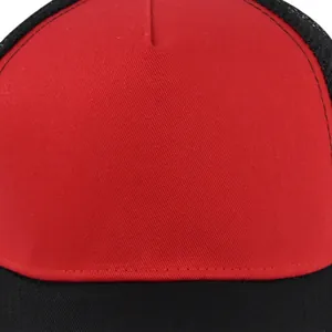 Classic red and black mesh trucker hat with breathable polyester back for summer sun protection