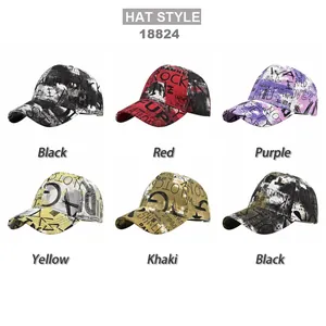 Graffiti print baseball caps in black, red, purple, yellow, and khaki color options