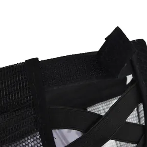 Close-up of black mesh ponytail cap featuring velcro strap and elastic criss-cross straps