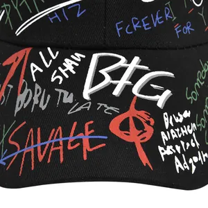 Close-up of street style graffiti print and high-quality stitching on black baseball cap