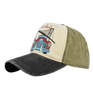 Detail of vintage baseball cap featuring distressed black brim and Istanbul print