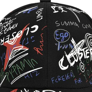 Black street style graffiti baseball cap with colorful embroidery and star patterns