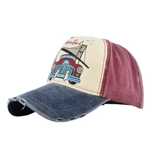 Detail of vintage Istanbul graphic baseball cap with distressed brim and tricolor panels