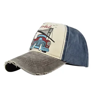 Distressed baseball cap with American flag print and Istanbul vintage car illustration