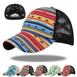 Women Ethnic Print Ponytail Baseball Cap Mesh Breathable Trucker Hat Elastic Criss Cross High Messy Bun Sun Hat Outdoor
