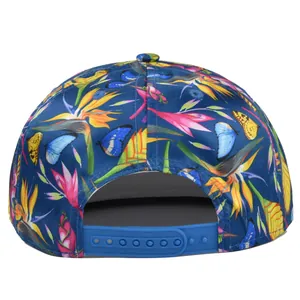 Detail of tropical floral print and blue plastic snapback closure on a baseball cap