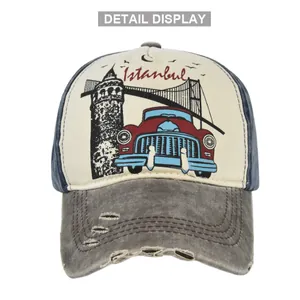 Detail display of vintage washed Istanbul city print with distressed brim on baseball cap