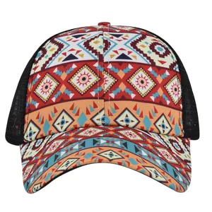 Ethnic patterned ponytail mesh sun hat with colorful geometric prints and breathable back