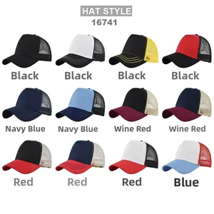 Matrix display of trucker hats in twelve color combinations with breathable mesh