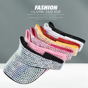 Detail of high-density colorful rhinestones on various colors of sun visor baseball caps